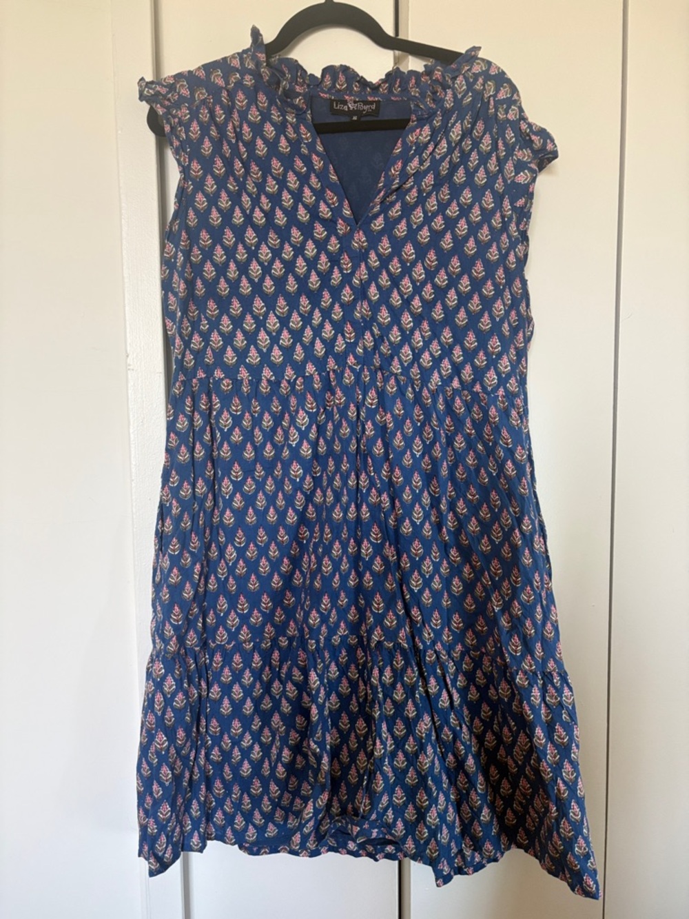 Liza Byrd Navy Blue Printed Midi Dress with Pink Accents